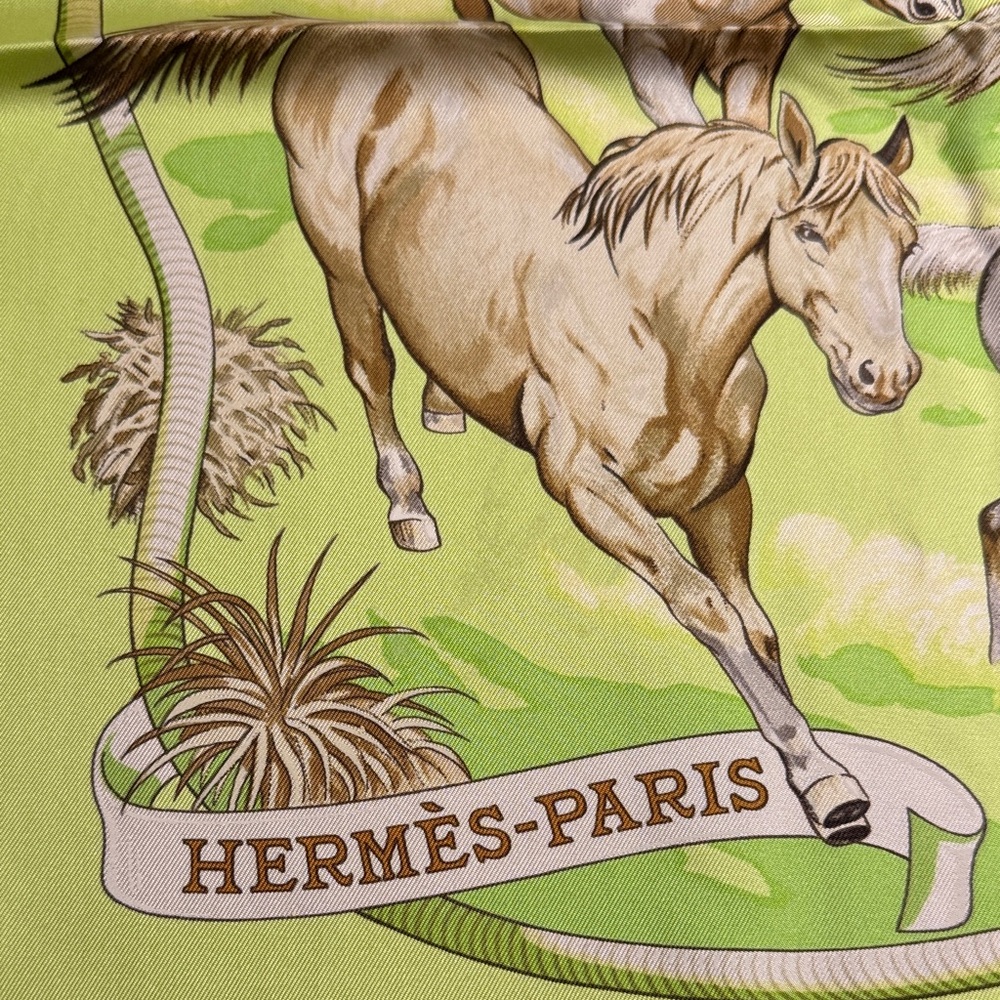 Hermes Carre 55 or 90 Green and Brown Equestrian Scarf by R. Dallet